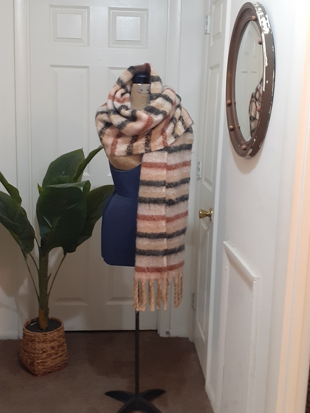 Vince Camuto Striped Fringe Scarf in Cream, Gray & Rust